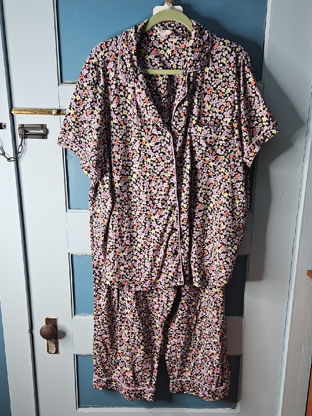 Secret Treasures Floral Pajama Set - Black Base with Purple Orange Daisies